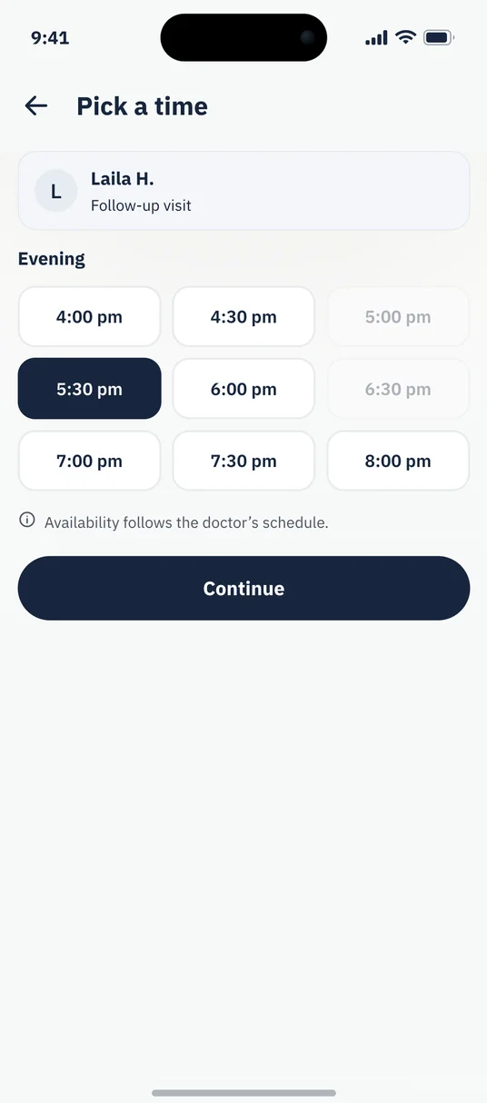 Booking in the patient app, with demo data.