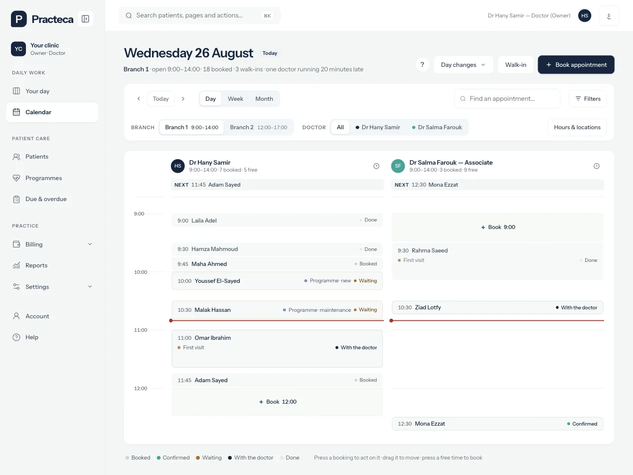 The calendar in Practeca Clinic System, with demo data.